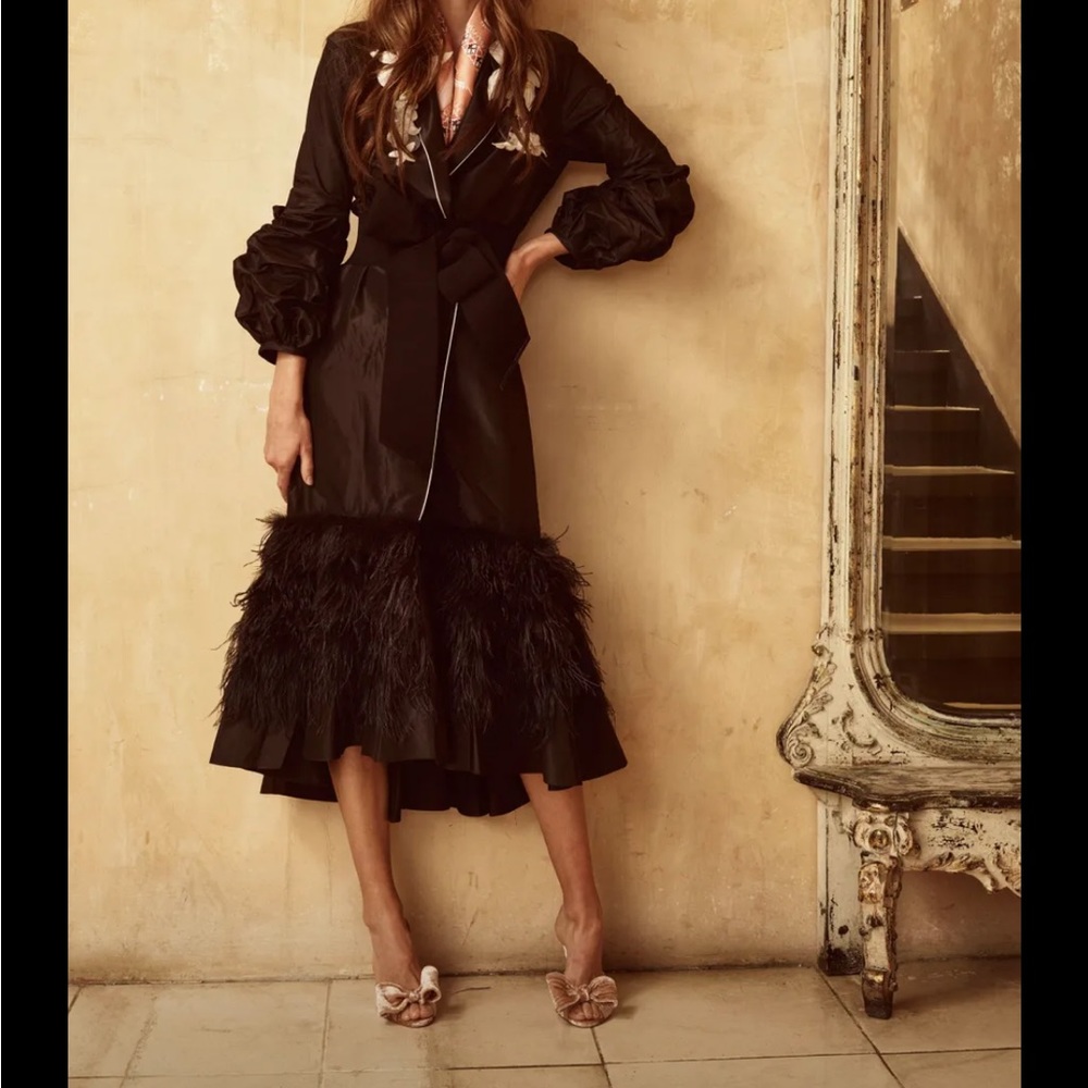 Johanna Ortiz size 6 Dress Coat Black w Feathers
